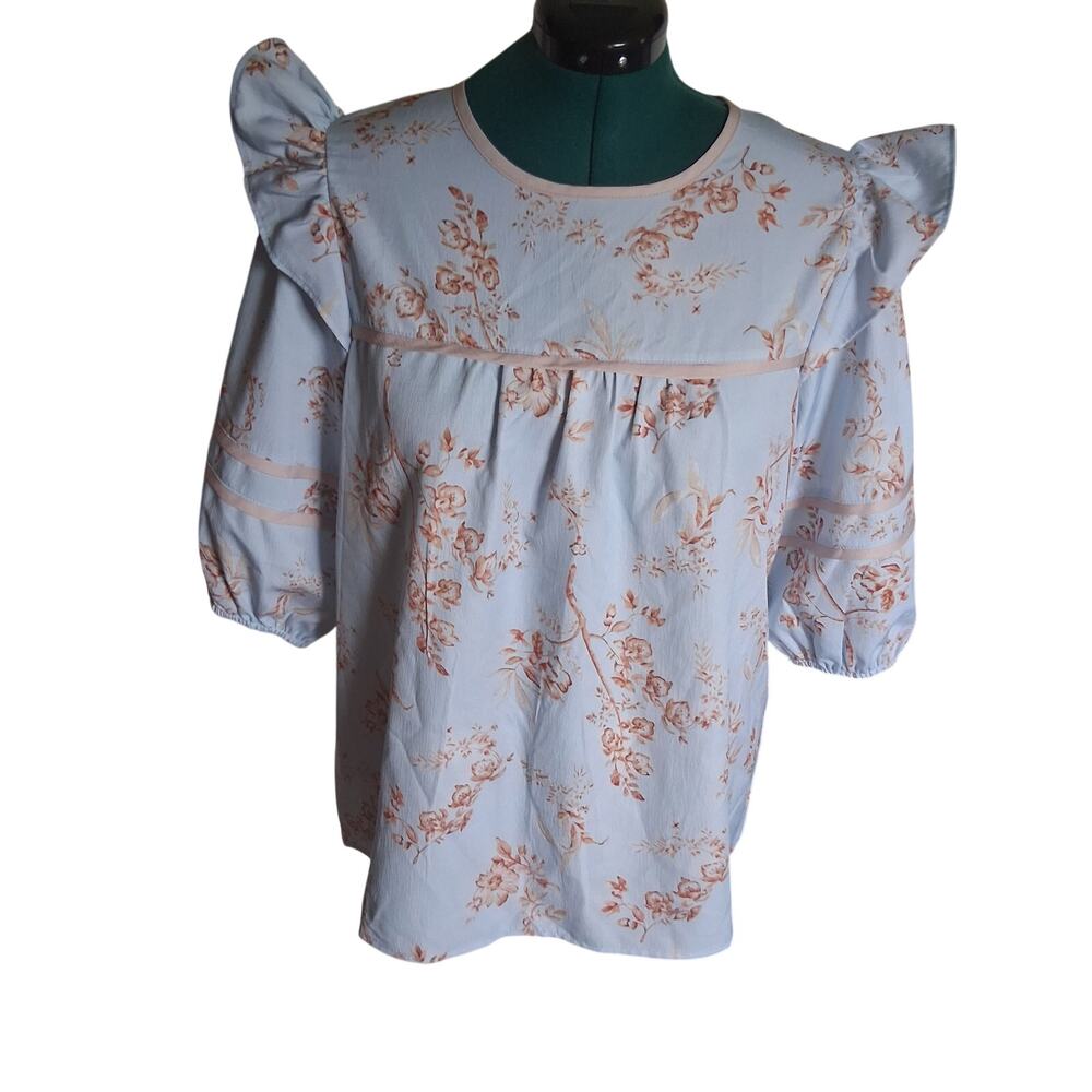 Sage Vell L Blue Toile Floral Ruffle Puff Sleeve Cotton Blouse